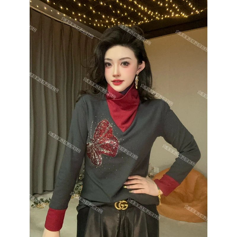 【秋冬新款】蝴蝶立领拼色加绒款减龄时尚重工烫钻长袖打底衫女8261