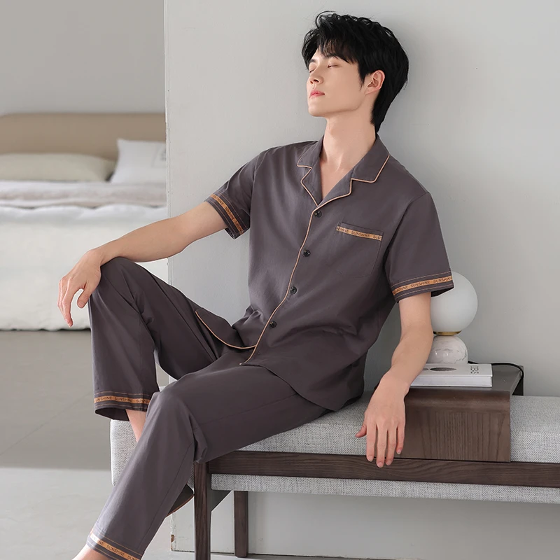 莉莉家新款男士睡衣纯棉短袖长裤简约咖啡色开衫家居服套装可外穿