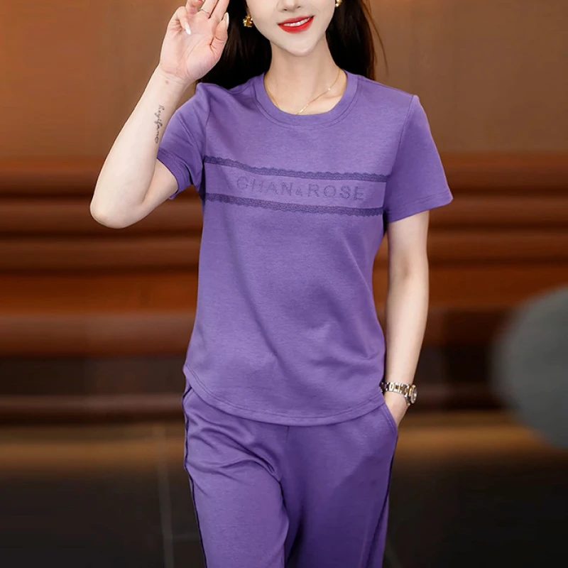 蕾丝拼接时尚圆领休闲运动套装女夏季新款洋气妈妈薄款短袖两件套