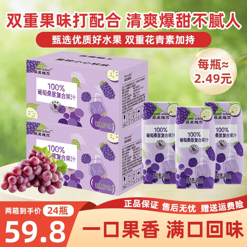 菲里维尔100%葡萄桑葚复合果汁网红分享整箱装200ml*24瓶