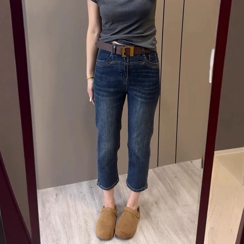 2025蓝色新款高腰显瘦直筒牛仔裤女款复古百搭爆款修身九分烟管裤