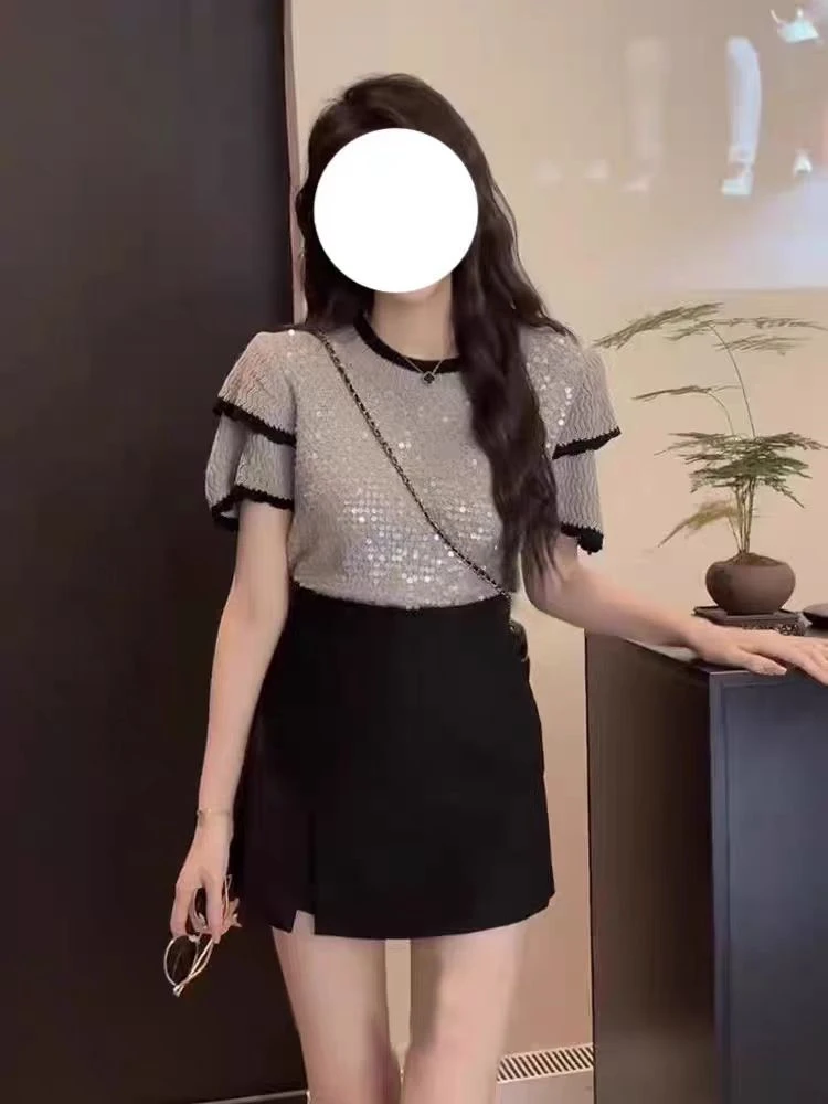 【亮片-灰】上衣女2025夏季新款休闲针织衫