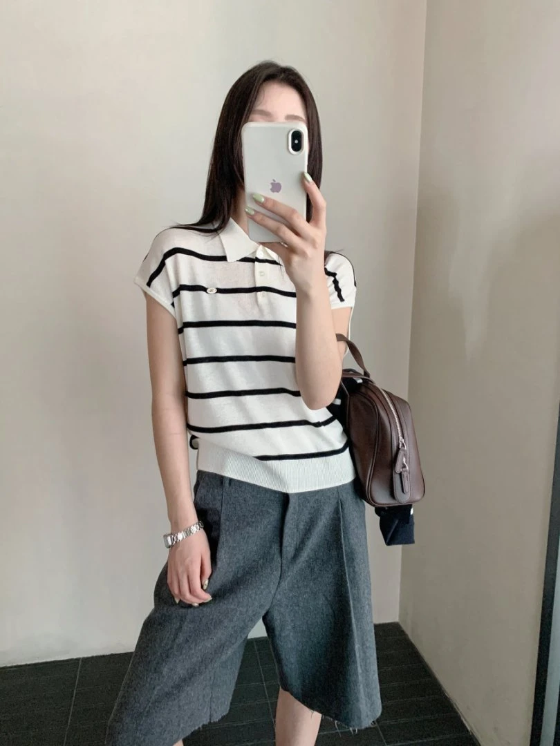 【素简.970171】夏款上新天爽亚麻条纹POLO透气女装上新针织衫