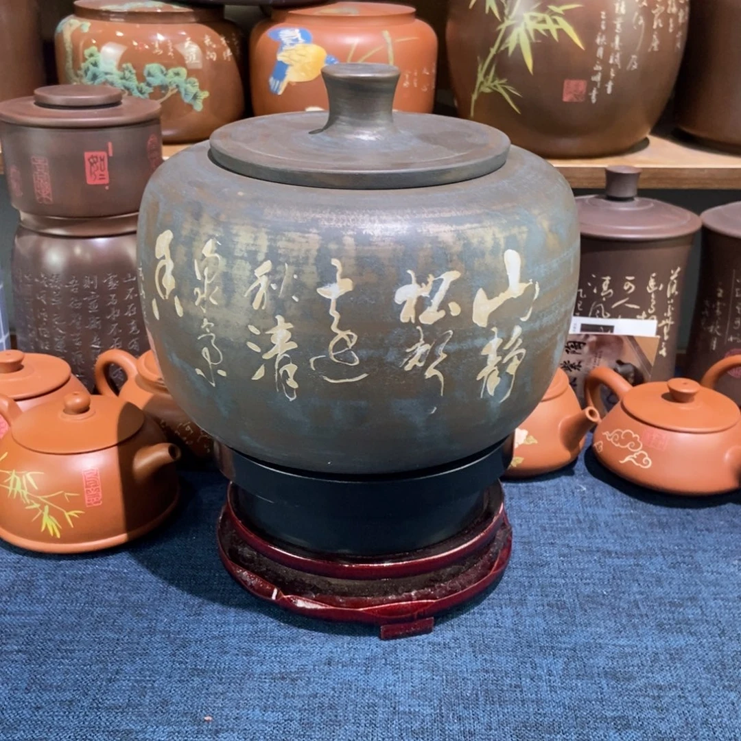 3建水紫陶手磨彩填醒茶罐
