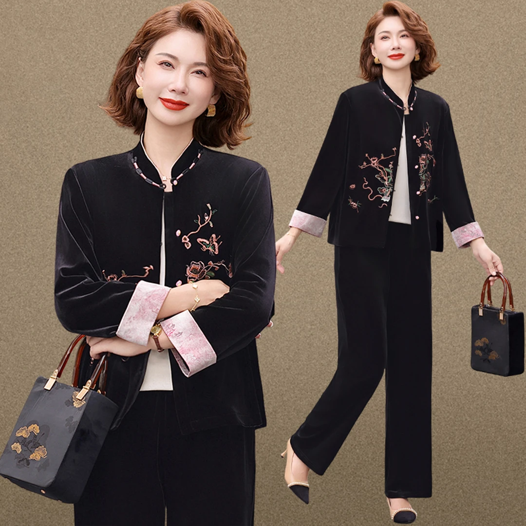 新中式妈妈秋装金丝绒套装新款洋气中老年外套女春秋国风老人衣服