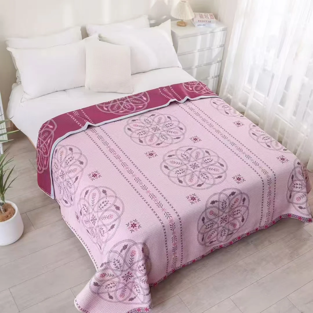 （粉色花卉）200*230高端精品纱布床盖凉席