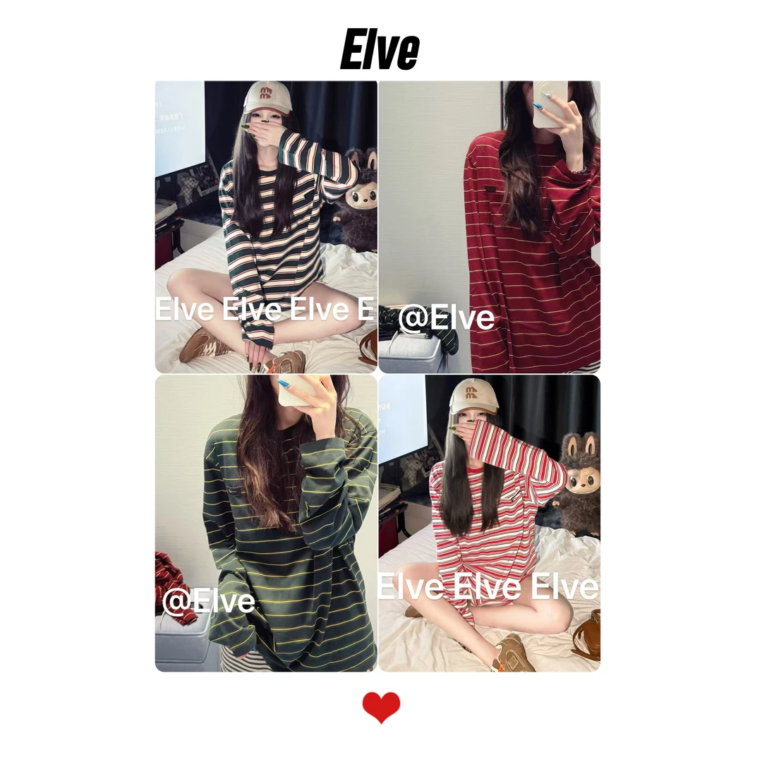 高版本经典条纹时尚宽松慵懒风韩版休闲百搭圆领长袖T恤