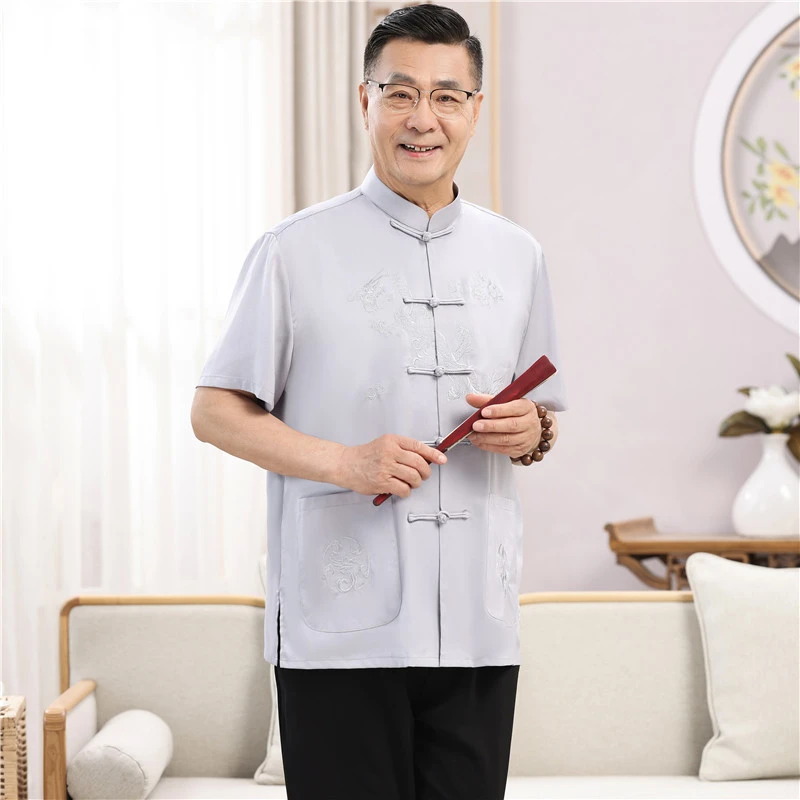 唐装男中老年爸爸夏装短袖冰丝套装新中式60岁爷爷休闲宽松两件套