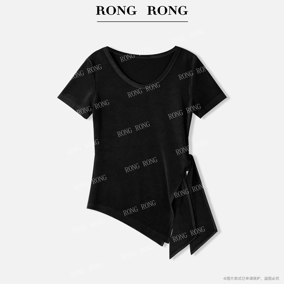 溶溶【简夏星眠】RONGRONG 酷纤不规则下摆绑带短袖T恤上衣T-B0023