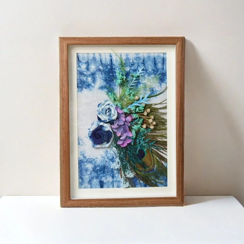 WabiNian云觅【傣公主】蓝染扎染永生花孔雀羽非遗装饰画电视柜玄关