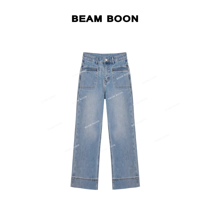 Beam Boon|【幸运裤】双芯纱高腰Q弹垂坠复古水洗口袋阔腿牛仔裤