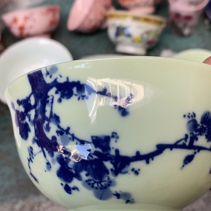 摆件陶瓷绿稀土梅花五寸碗