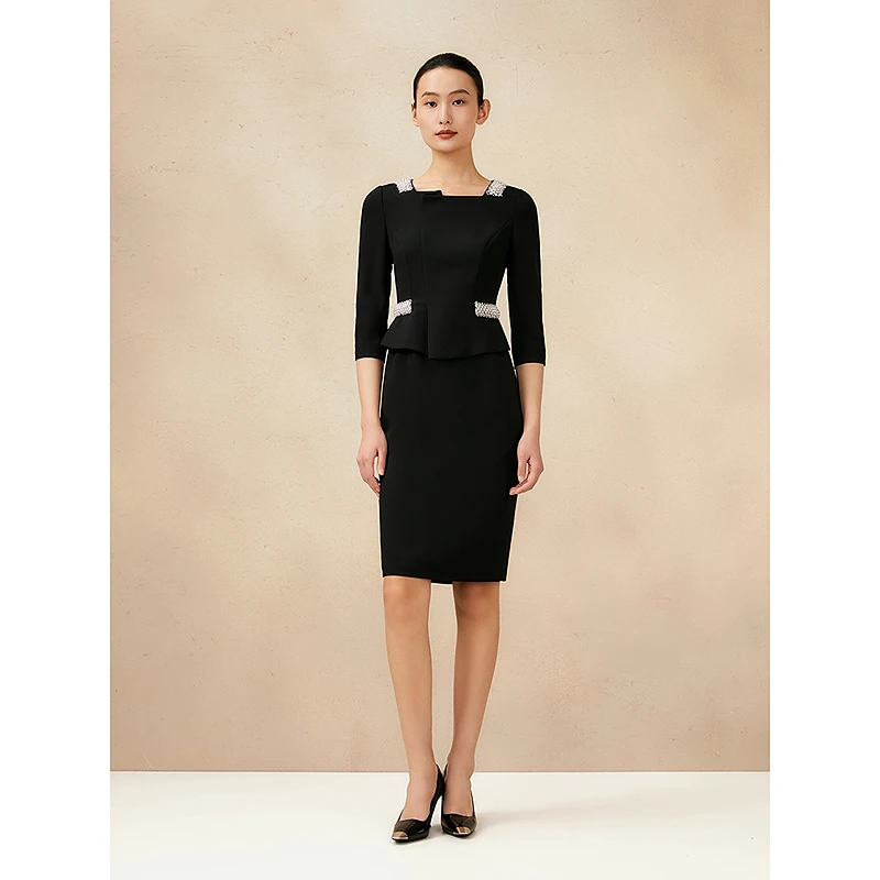 Song of Song歌中歌春黑色假两件钉珠装饰连衣裙5C65105086