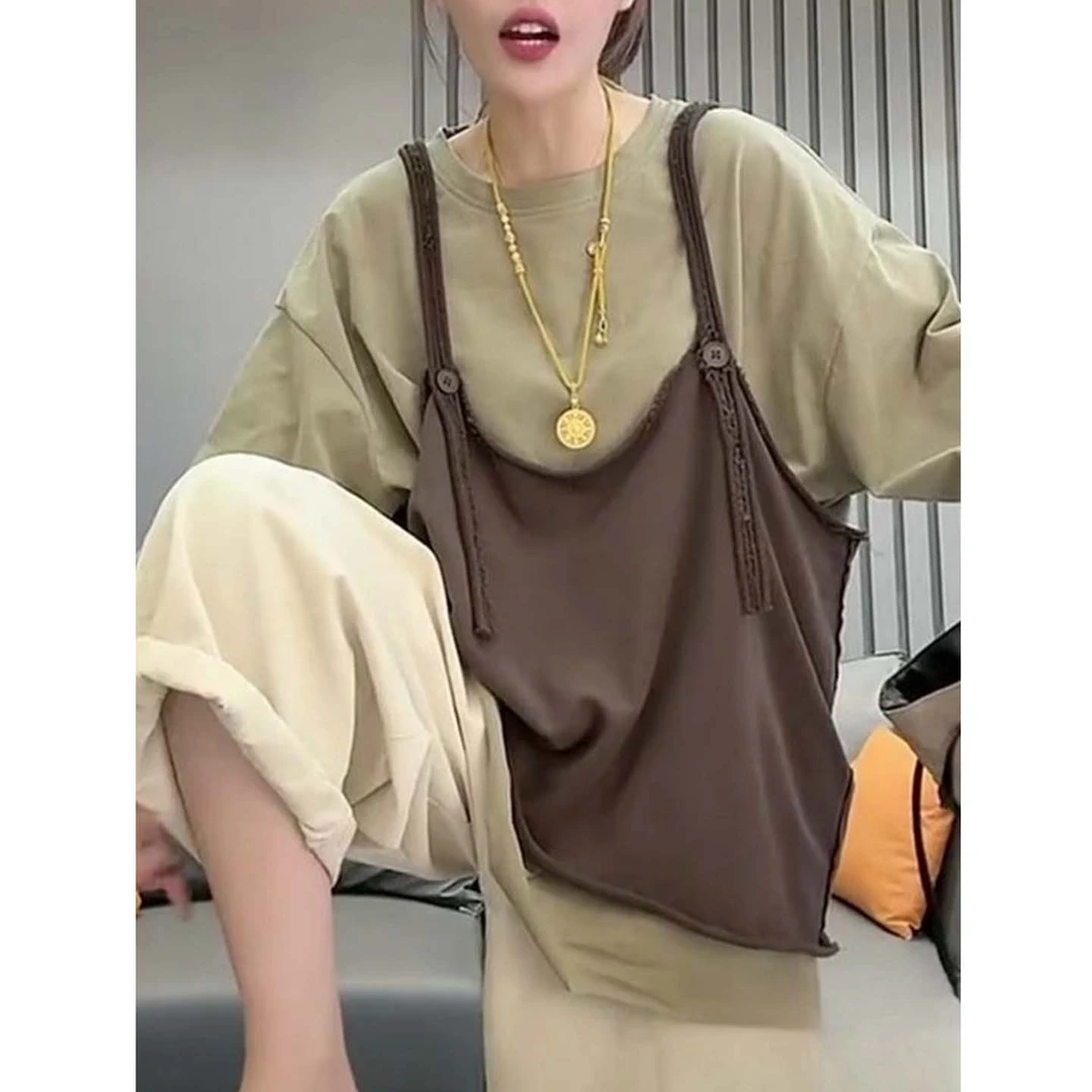 欧洲站设计感圆领宽松长袖女2025年秋季新款吊带背心穿搭两件套女