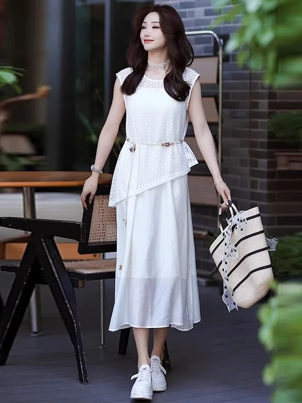 中长款收腰显瘦罩衫吊带连衣裙两件套女夏季新款减龄洋气质套装裙