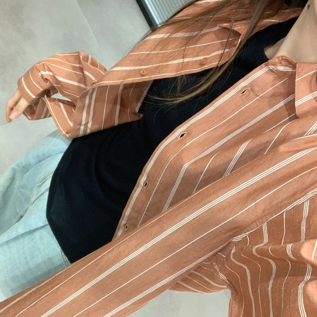 有机棉麻撞色竖条纹翻领通勤气质长袖衬衣7992