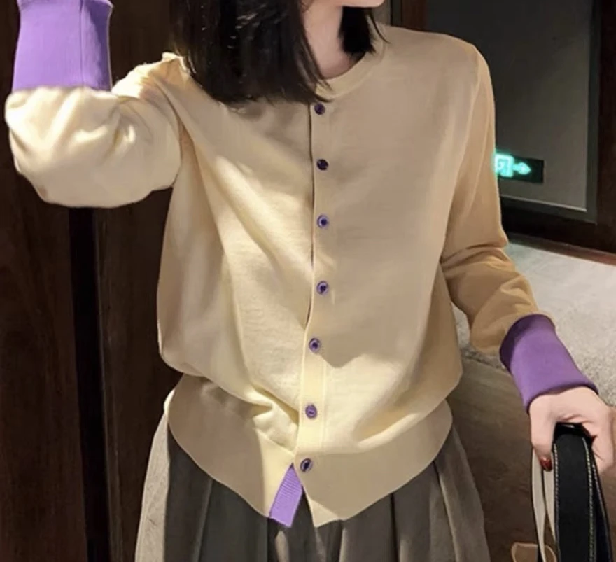 052 设计感拼色长袖圆领针织开衫女显瘦羊毛衫舒适气质