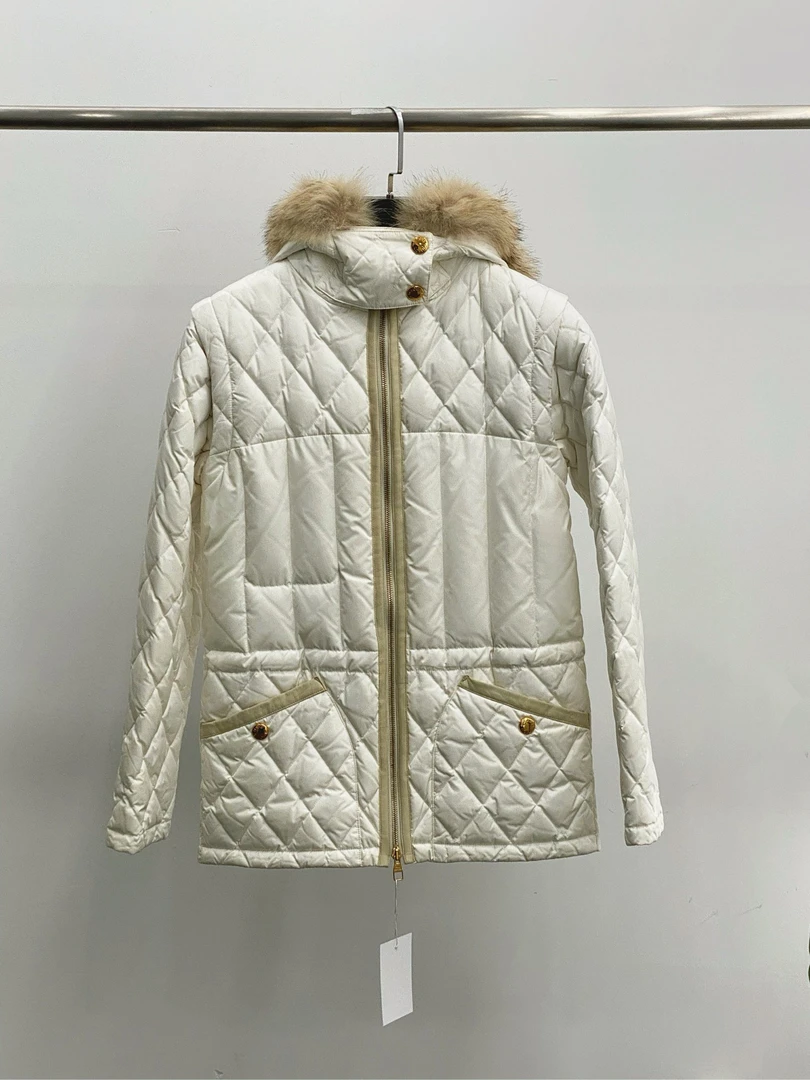 99新 LouisVuitton/路易威登 白色菱格毛领连帽棉服 34码