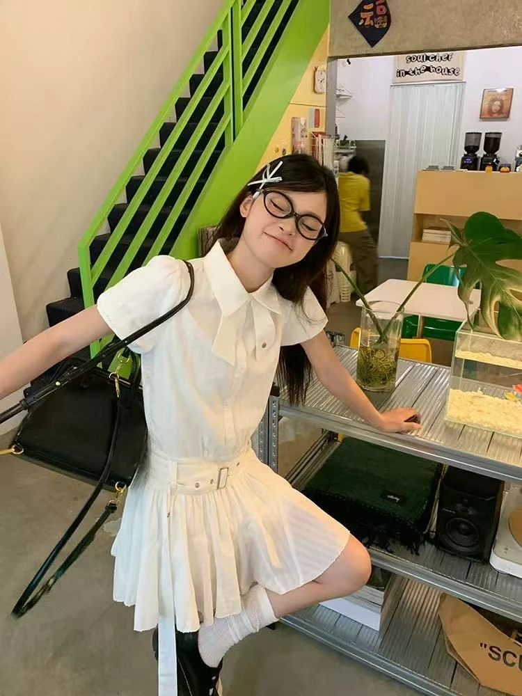 A041-学院风衬衫领白色连衣裙女夏季收腰泡泡袖小个子绝美短裙子