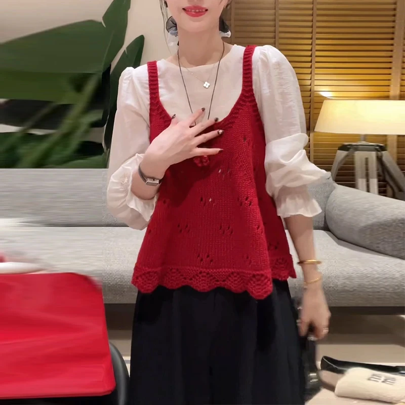 韩系氛围感穿搭针织背心长袖衬衫女装2025秋季新款宽松叠穿两件套
