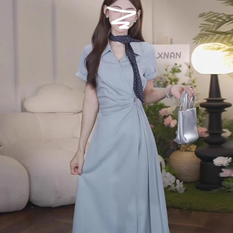 蓝色连衣裙女夏季新款爆款小个子巨好看大方得体收腰绝美长裙1917