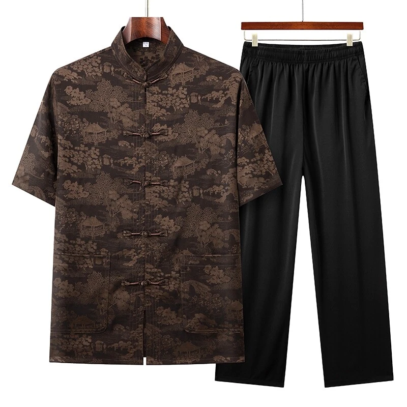 夏季唐装爸爸中式衬衫中老年民族风唐装男短袖高档套装中式汉服