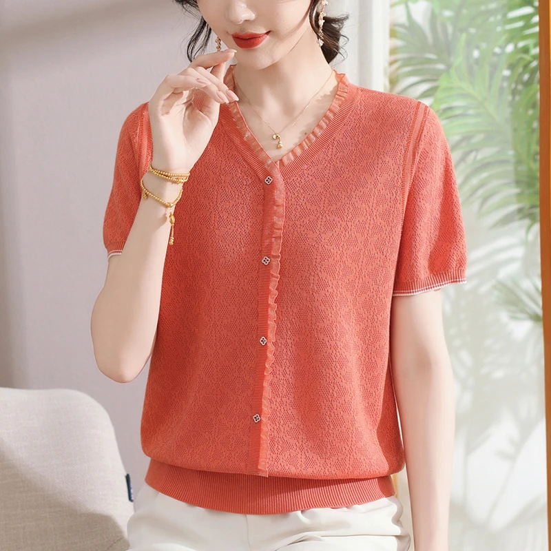 提花冰丝小衫女夏季洋气妈妈蕾丝边上衣气质轻奢减龄短袖t恤大码