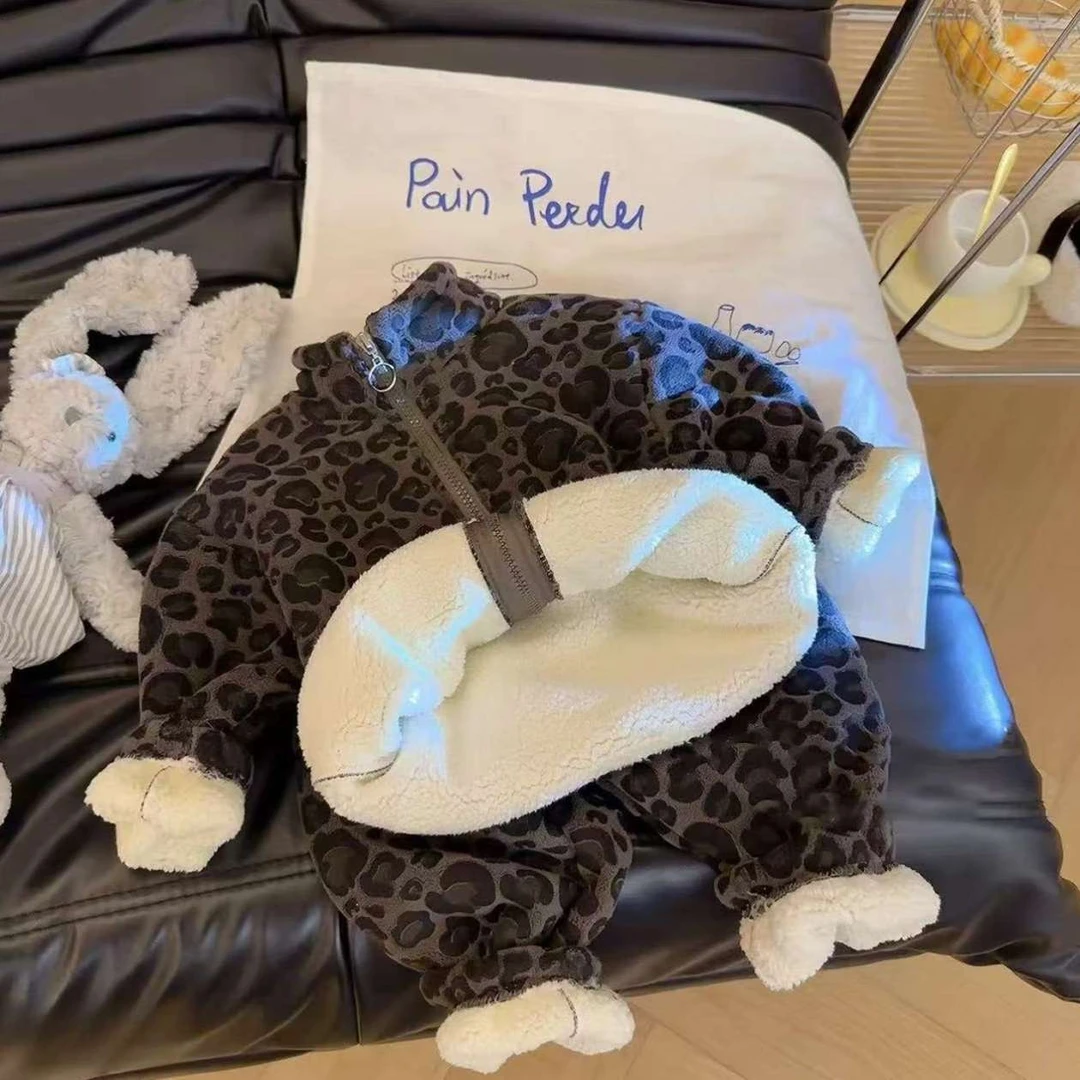 儿童加绒加厚家居服套装秋冬男童女宝豹纹洋气立领棉袄保暖两件套