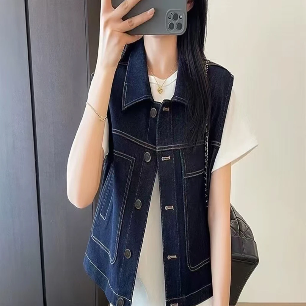 778翻领女法式马夹复古街头牛仔马甲时尚复古ins无袖