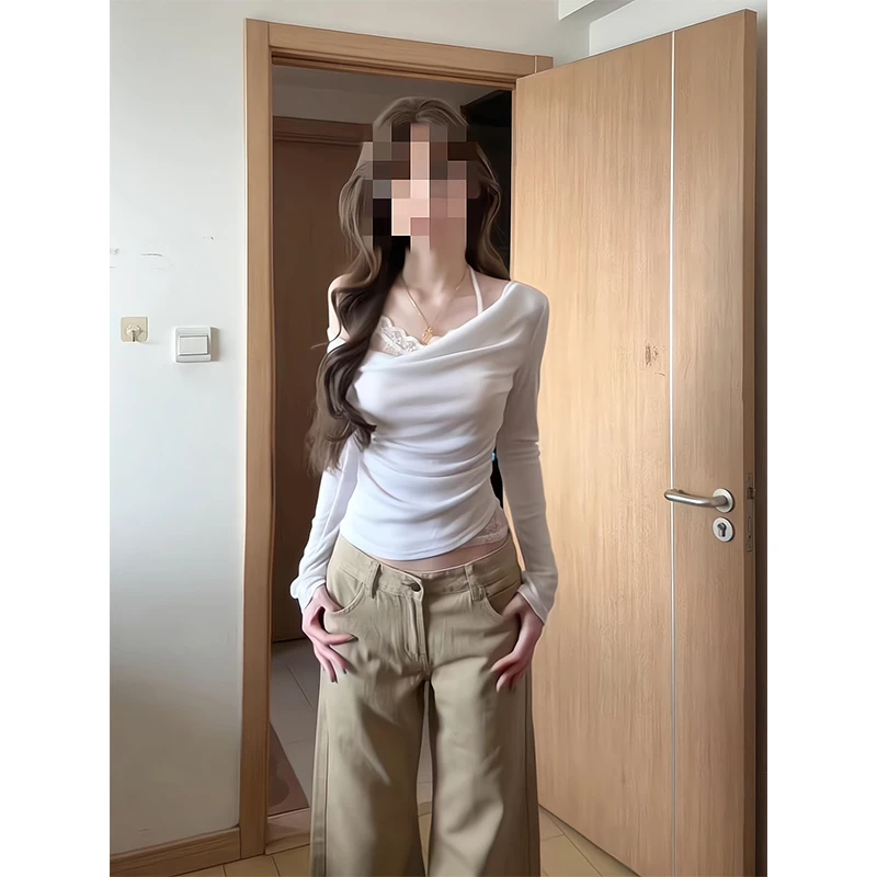 2025新款女士早秋季假两件荡领斜肩长袖T恤上衣高腰宽松阔腿裤