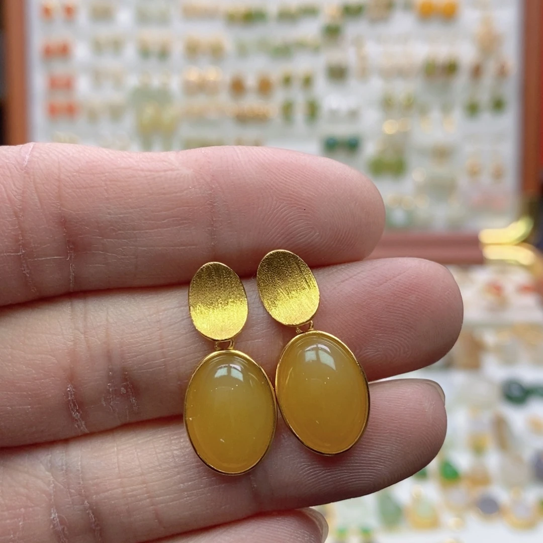 雯***宝和田玉银S925镶嵌耳饰