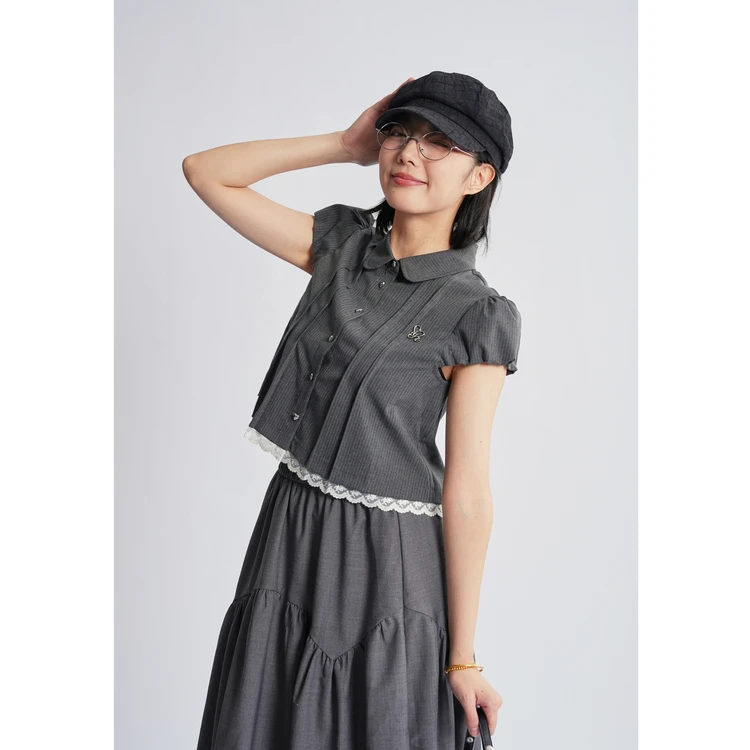 西町村屋学院花边短款外套女夏季新款文艺百搭翻领小衫XAAB10088