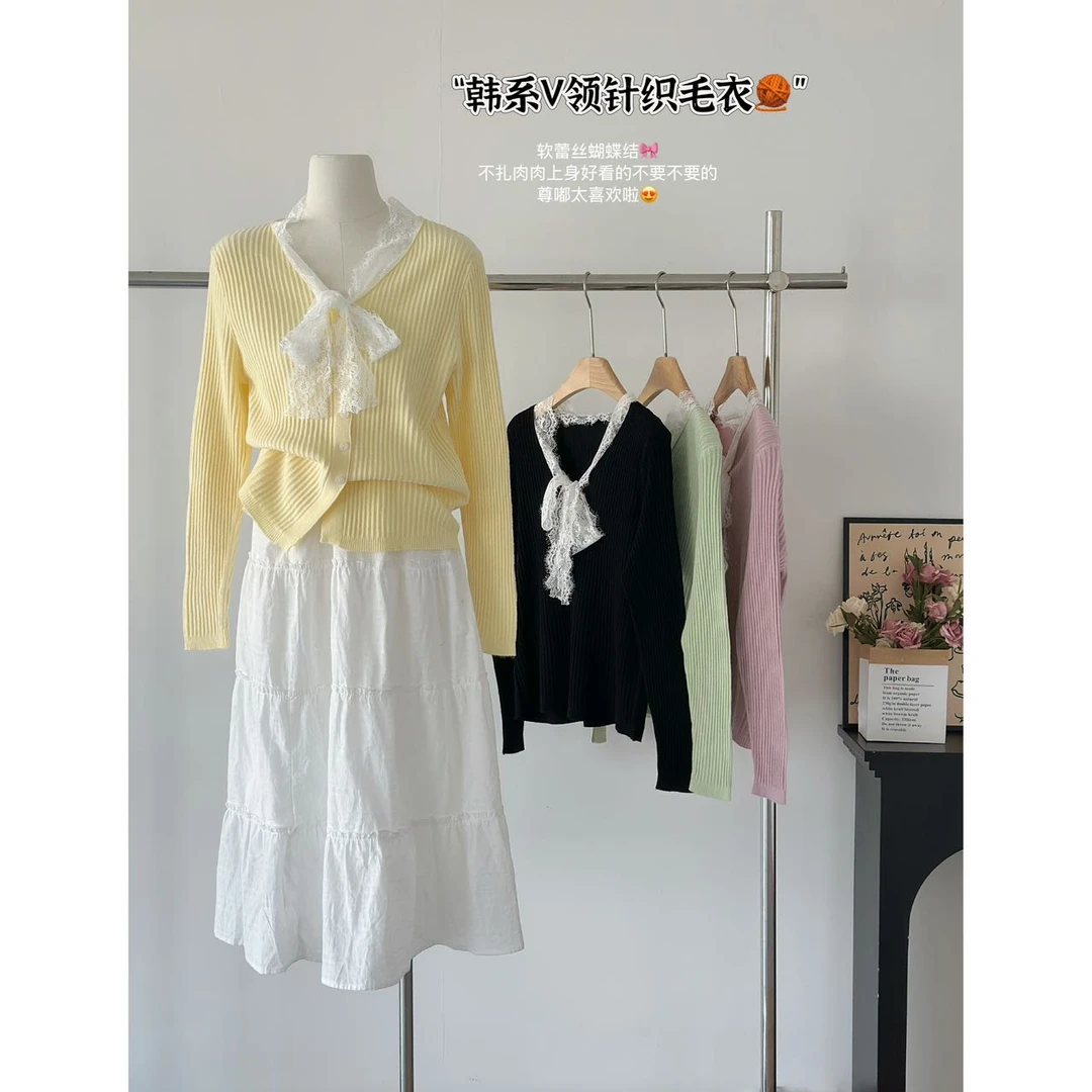 六六专属-法式蕾丝领针织开衫女春季新款时尚百搭上衣6020#0.1