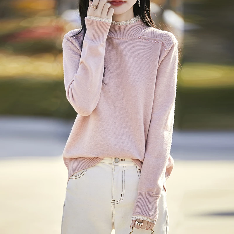 鄂尔多斯市纯100羊毛衫女春秋半高领花边毛衣宽松内搭针织打底衫