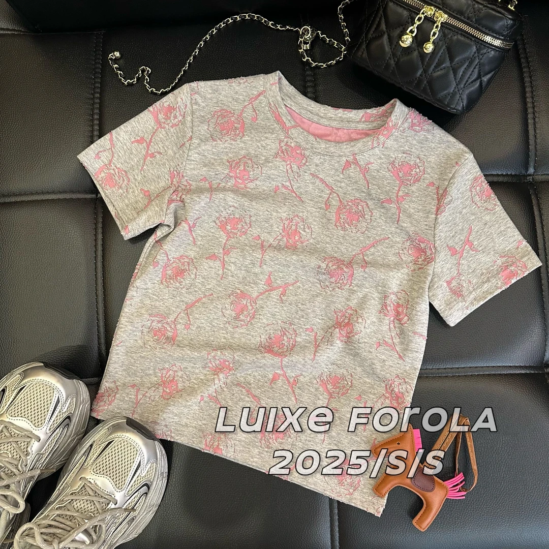 FOROLA 『重工玫瑰』2025新款t恤短袖千金T恤女修身 DD25077-X