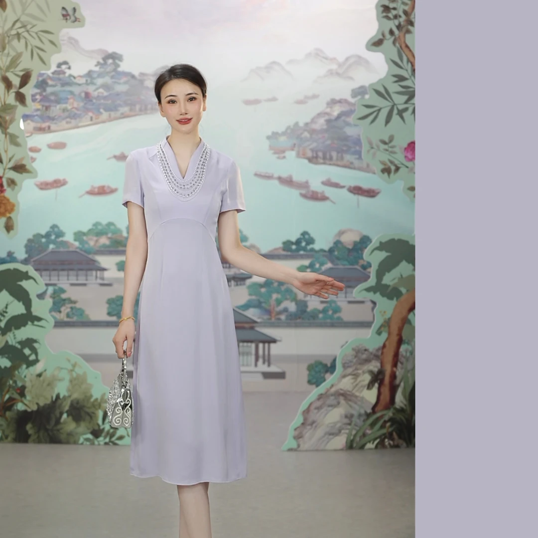 SUSSI/古色【紫珠华光】减龄漂亮时尚女装风信紫v领高级感连衣裙