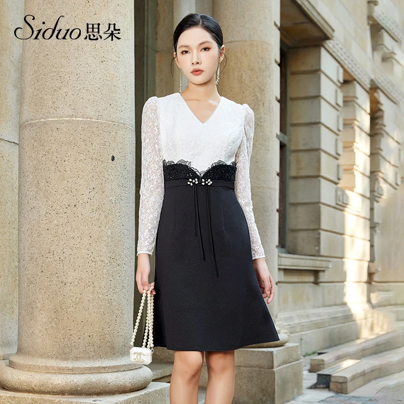 【彩轩】S23325 蕾丝气质轻奢时尚百搭黑色设计师春季法式礼服