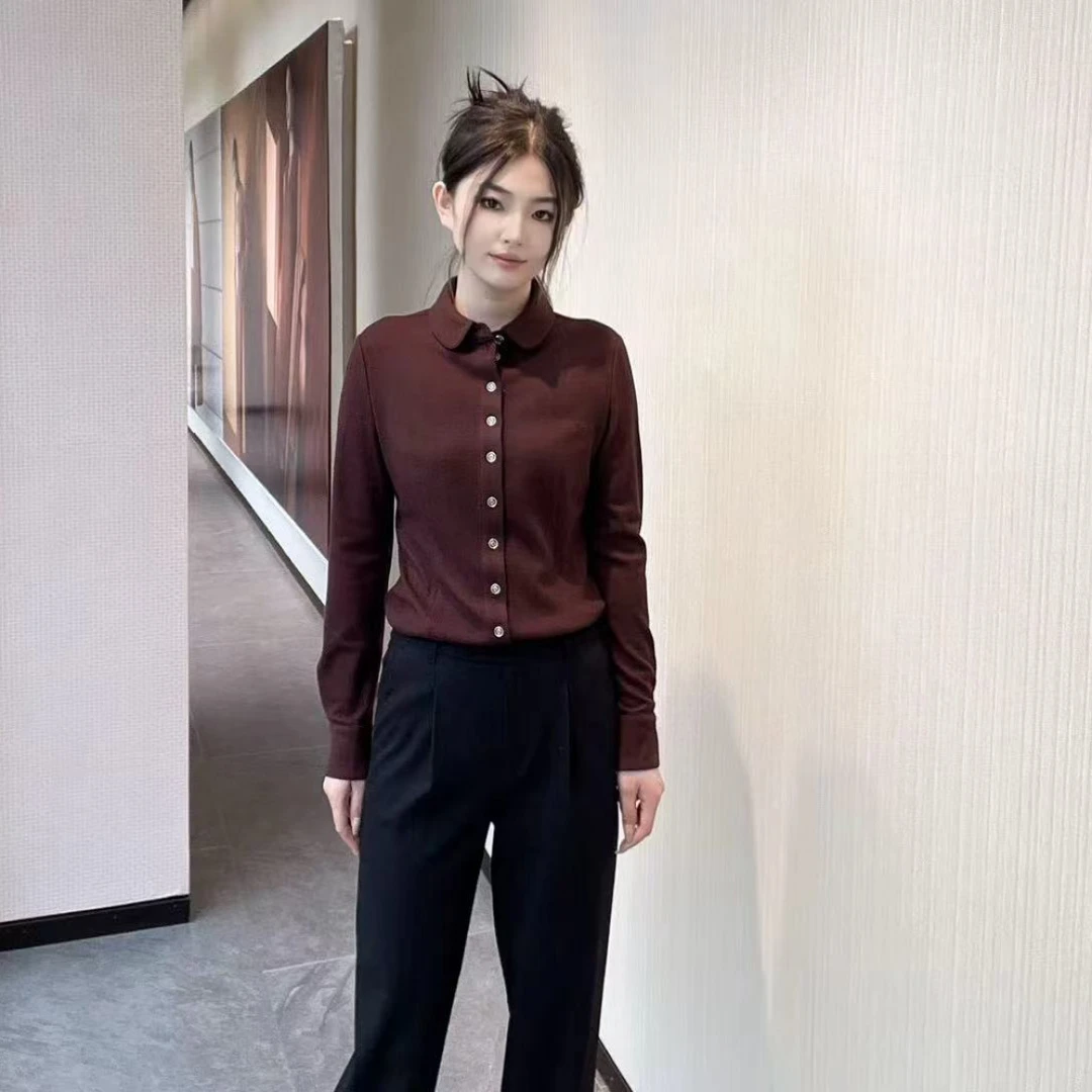 【商场同款】秋冬新款羊毛衬衫翻领气质长袖单排扣打底衫女5300528