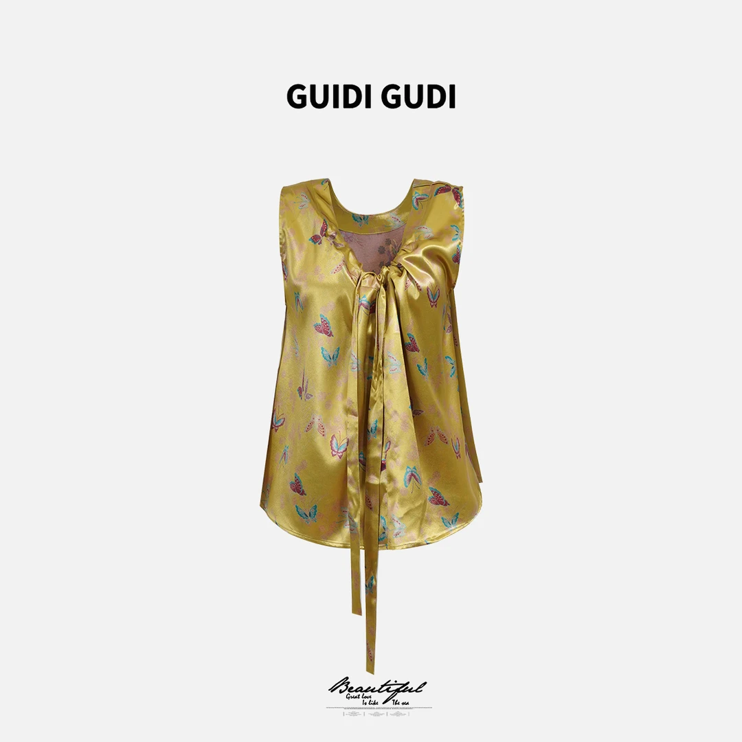 GUIDI GUDI【翩翩起舞】黄加蓝气质国风蝴蝶无袖背心 B9520647H