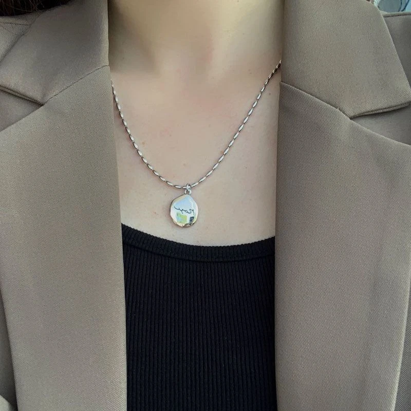 坠链均925银玻璃 韩版S925银简约水滴字母项链女时尚气质米粒锁