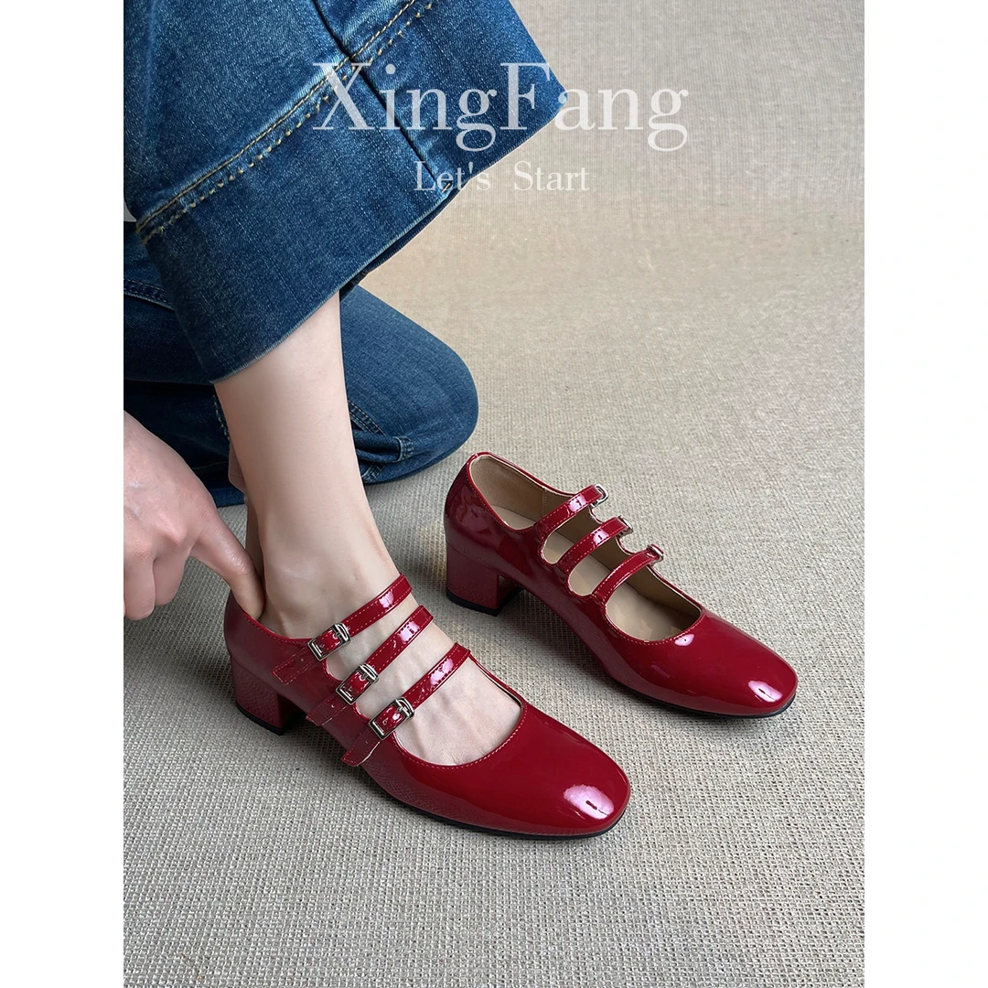 牛皮版~法式玛丽珍鞋女新款一字扣带方头单鞋粗跟复古红色高跟鞋