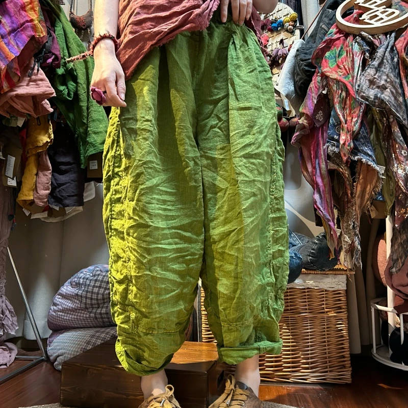 妞妞 高品质砂洗亚麻脏洗做旧拼接老爹裤休闲裤（臀围140裤长95