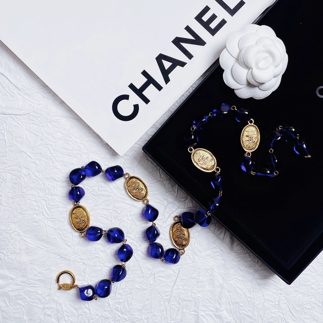 95新 Chanel/香奈儿 柚礼中古/香奈儿蓝琉璃金币双C项链LZ501040