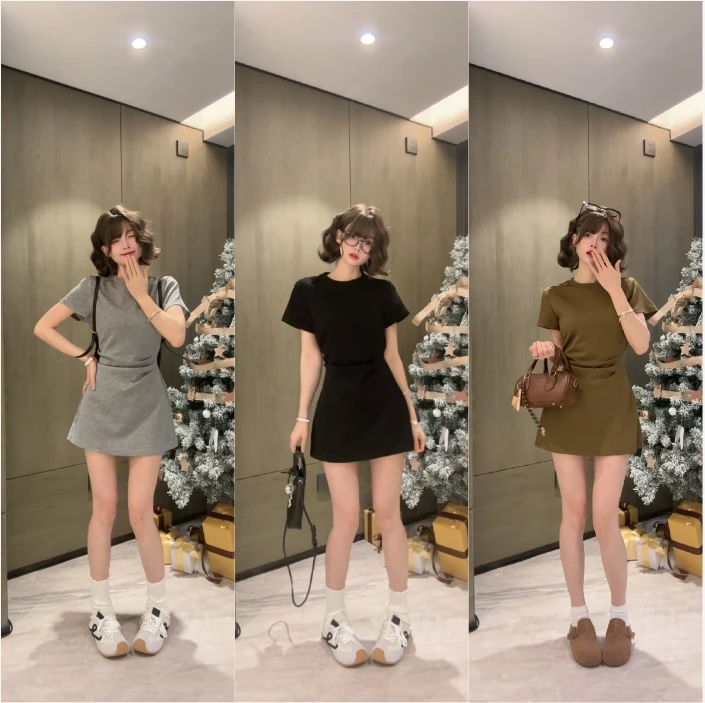 原创街头风极简风夏季短袖圆领连衣裙时尚显瘦复古韩版长裙