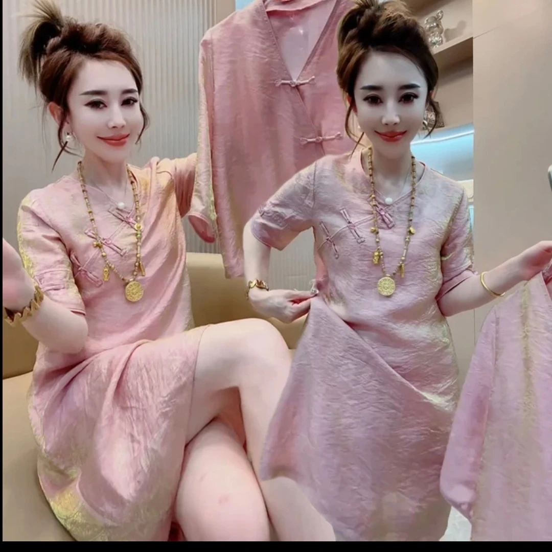 （现货现发）连衣裙新中式复古盘扣宽松显瘦2025夏季新款纯色短袖