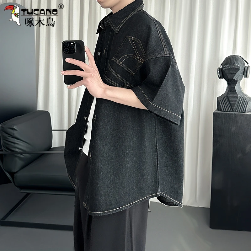 TUCANO/啄木鳥工装衬衫短袖夏季薄款日系港风休闲宽松半截款衬衣