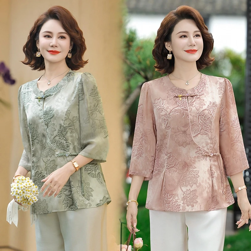 时尚中年妈妈夏装中袖新中式T恤上衣中老年女装夏季洋气高贵小衫