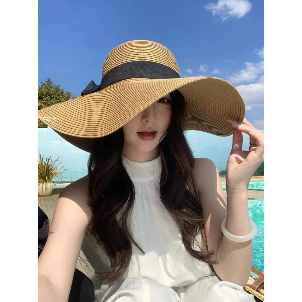 新款大帽檐草帽女夏季防晒遮阳草编帽子户外海边度假沙滩太阳帽潮