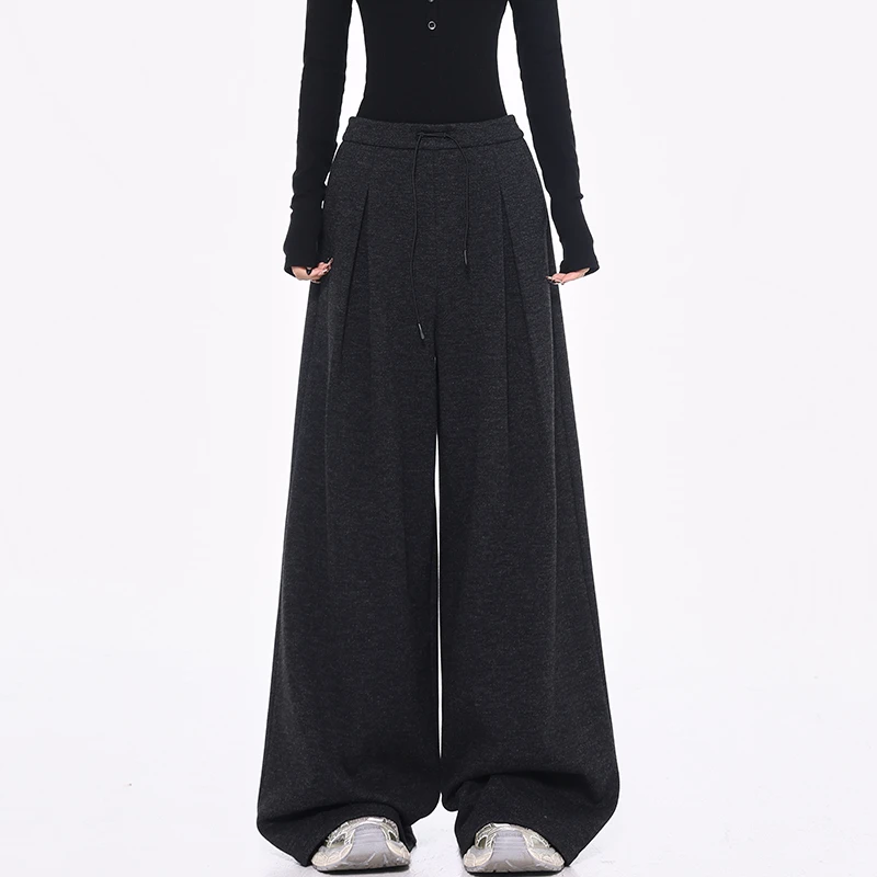 【五折福利】KEN STUDIO加厚毛呢褶皱西装裤灰色百搭宽松显瘦阔腿裤