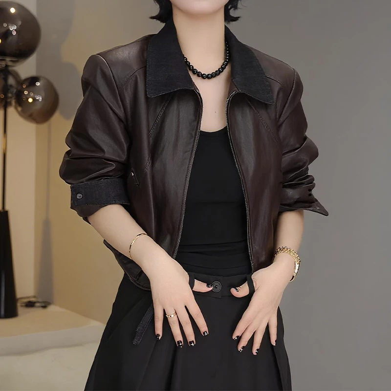 2025秋季新款女复古百搭时尚休闲短款皮衣长袖别致设计感夹克上衣